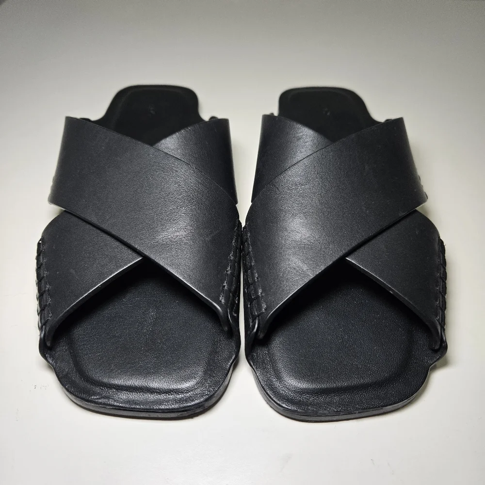 COS Womens Crossover Leather‎ Sandal Size 7.5 Black Slides Minimalist Staple - Picture 2 of 11